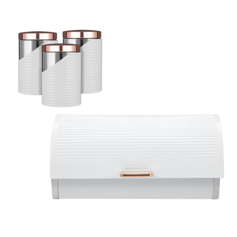 Tower Linear Bread bin & Canister Set - Tea, Coffee, Sugar, Bread White & Rose Gold