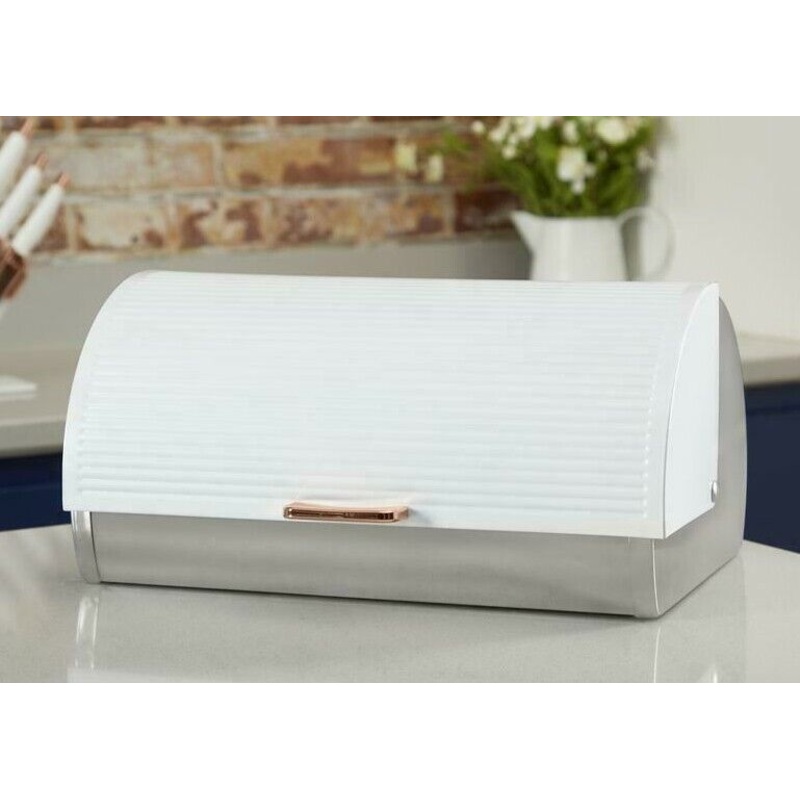Tower Linear Rose Gold & White Roll Top Bread Bin Kitchen Storage Bread Bin
