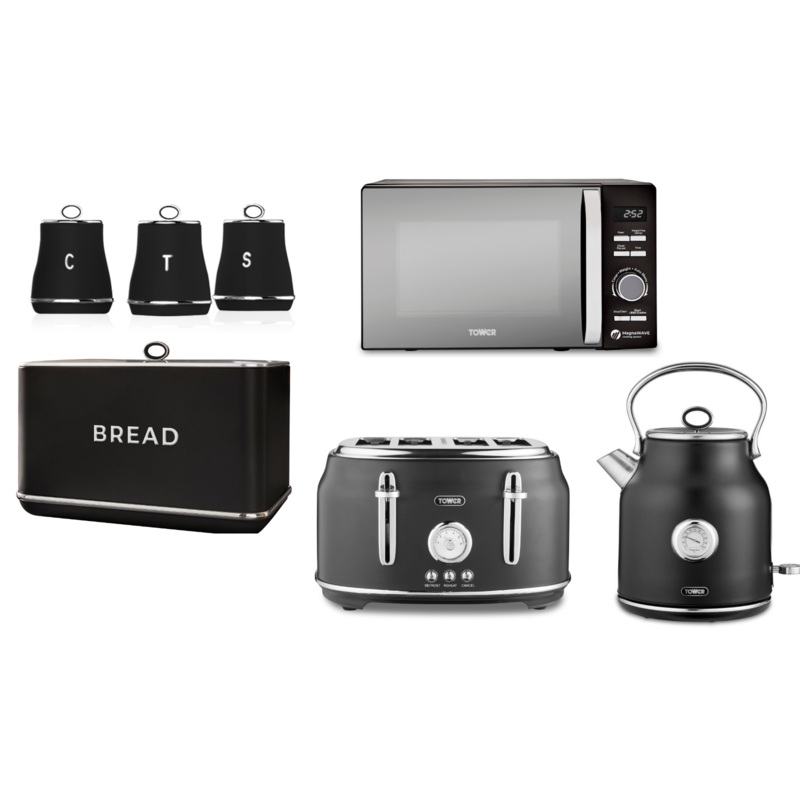 Tower Renaissance 1.7L 3KW Black Kettle, 4 Slice Toaster, 800W 20L Microwave, Bread Bin & Canisters Matching Set