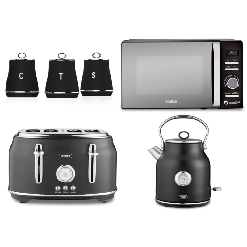 Tower Renaissance 1.7L 3KW Kettle, 4 Slice Toaster, 800W 20L Microwave & Tea, Coffee & Sugar Canisters in Black