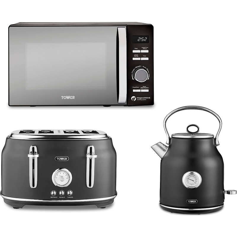 Tower Renaissance Black 1.7L 3KW Kettle, 4 Slice Toaster & 800W 20L Microwave