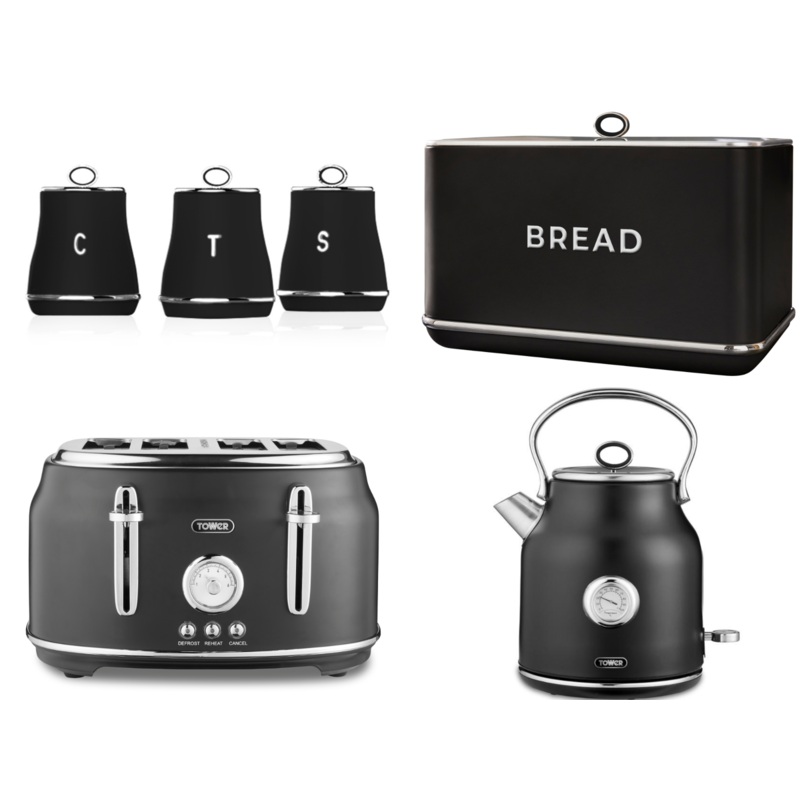 Tower Renaissance Black Kettle 4 Slice Toaster Bread Bin & Canisters Set of 6