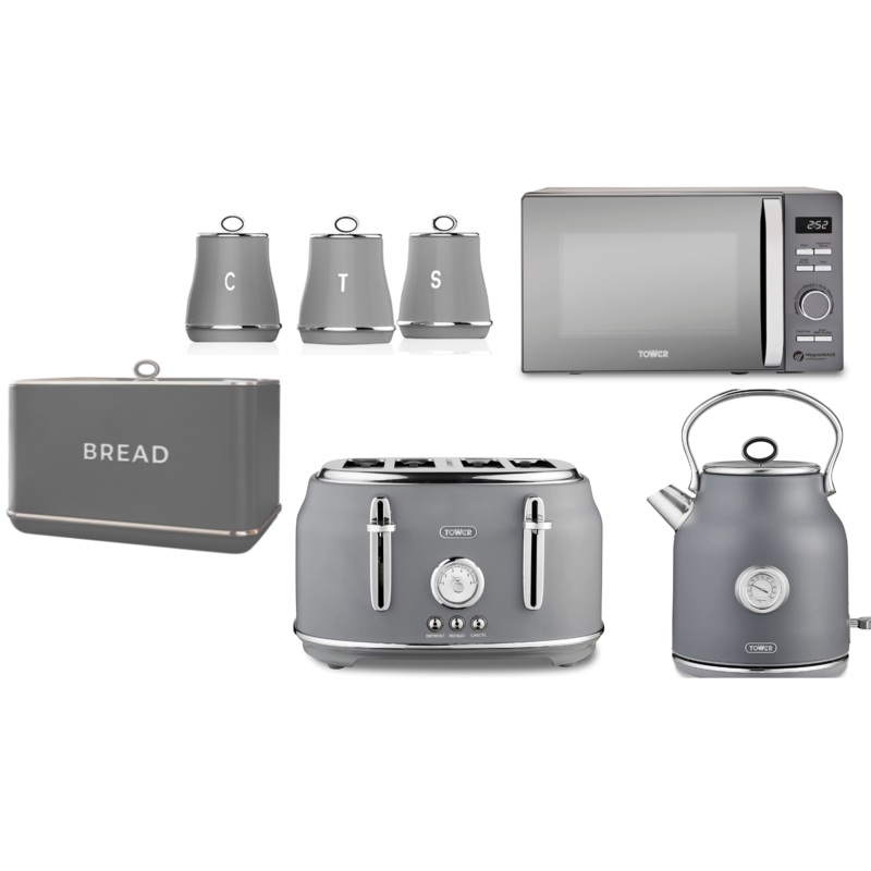 Tower Renaissance Grey 1.7L 3KW Kettle, 4 Slice Toaster. 800W 20L Microwave, Bread Bin & Canisters Matching Kitchen Set