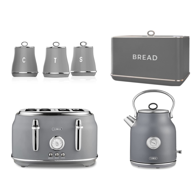 Tower Renaissance Grey Kettle 4 Slice Toaster Bread Bin & Canisters Kitchen Set