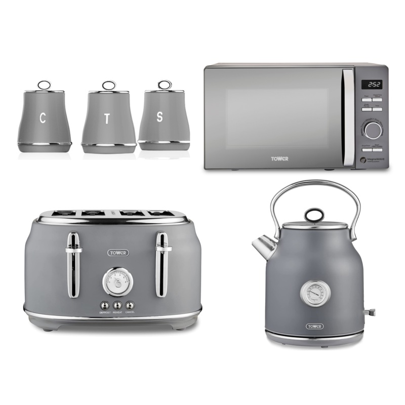 Tower Renaissance Grey Kettle 4 Slice Toaster Microwave & Canisters Set of 6