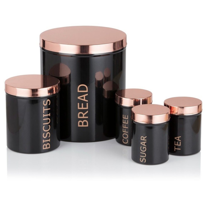 Tower Rose Gold & Black Kitchen Storage Set Bread Bin Canisters & Biscuit Barrel