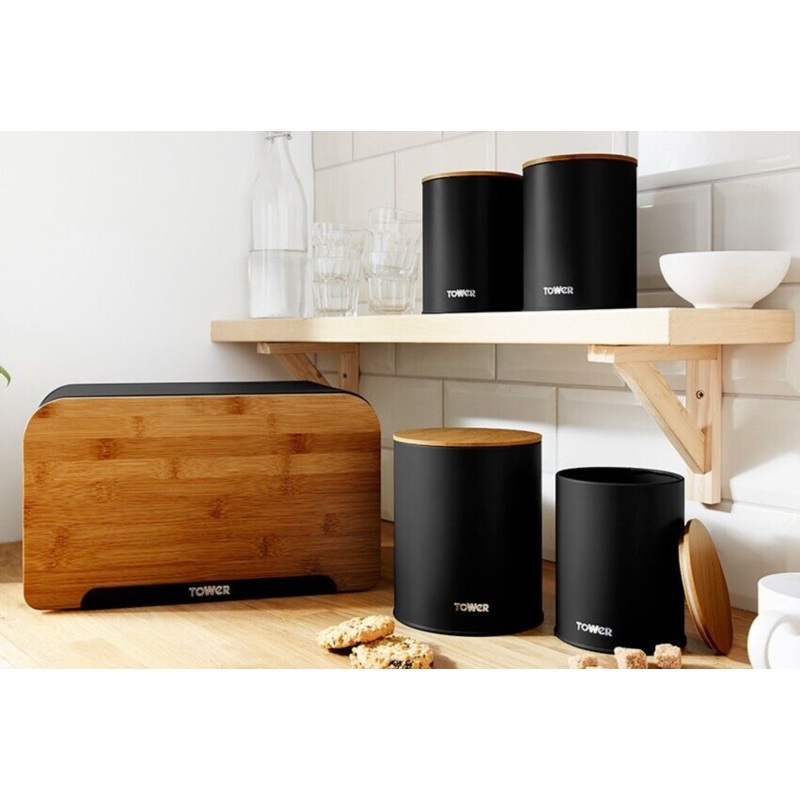 Tower Scandi Black Kitchen Storage Set Bread Bin 3 Canisters & Biscuit Barrel