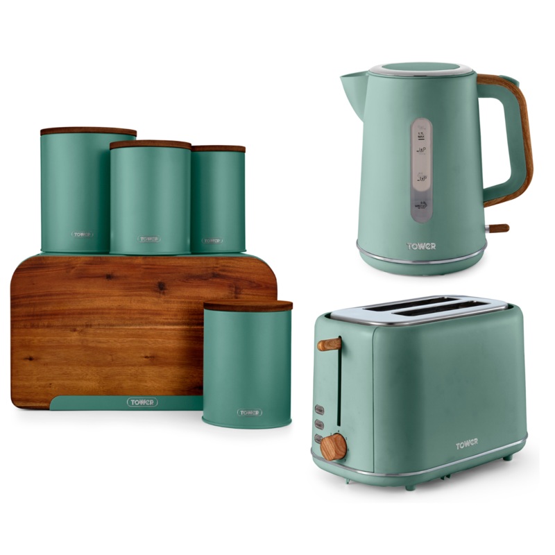 Tower Scandi Jade Kettle 2 Slice Toaster 5 Piece Kitchen Storage Green Set of 7