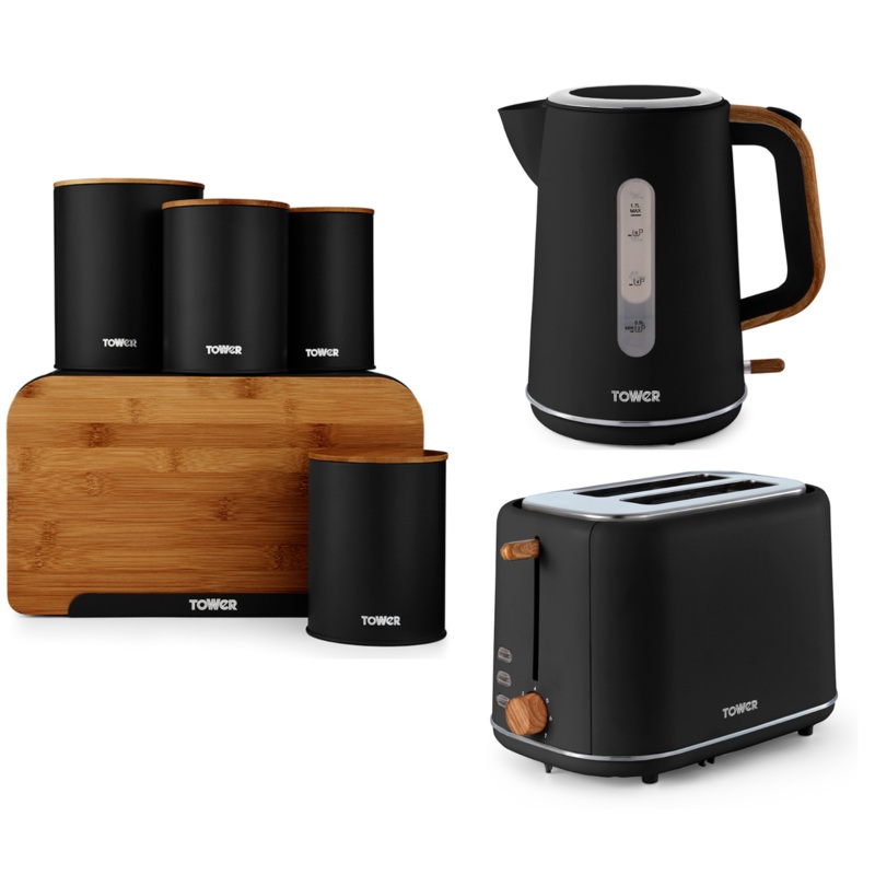 Tower Scandi Set of 7 Black Kettle 2 Slice Toaster 5 Piece Kitchen Storage Set