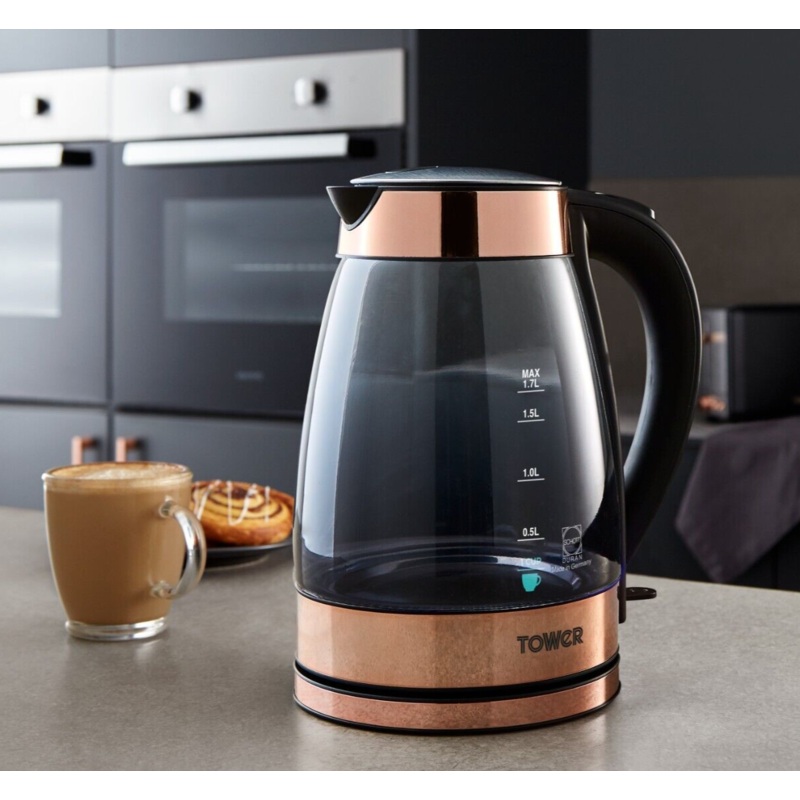 Tower Smoked Glass 3KW 1.7L Kettle Black & Rose Gold - Rapid Boil, 3 Yr Warranty
