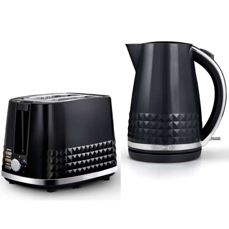 Tower Solitaire Black 1.5L 3KW Jug Kettle & 2 Slice Toaster Matching Set