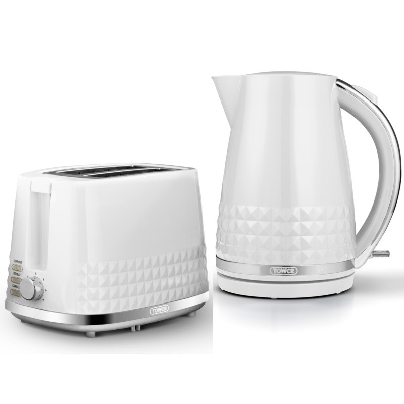 Tower Solitaire White 1.5L 3KW Jug Kettle & 2 Slice Toaster Matching Set