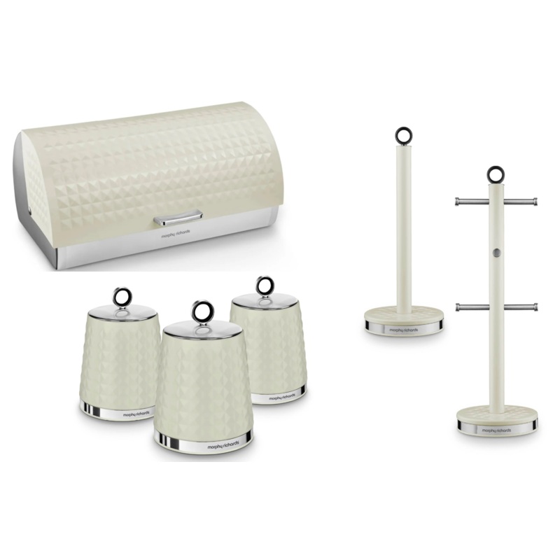Morphy Richards Dimensions Bread Bin Canisters Mug Tree & Towel Pole  Kitchen Storage Set in Ivory Cream
