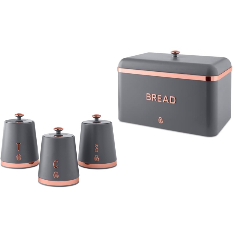 SWAN Carlton Bread Bin Canisters Matching Kitchen Storage Set in Grey & Rose Gold