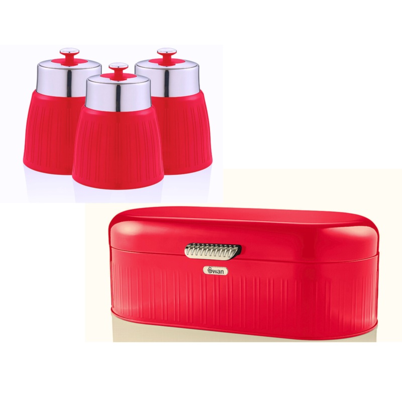 SWAN Retro Red Bread Bin Canisters Kitchen Storage Set