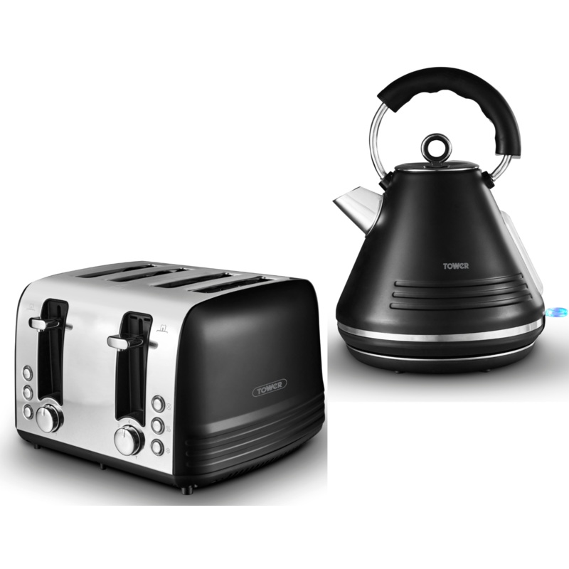 Tower Ash 1.7L 3KW Pyramid Kettle & 4 Slice Toaster Contemporary Set in Black with Chrome Accents