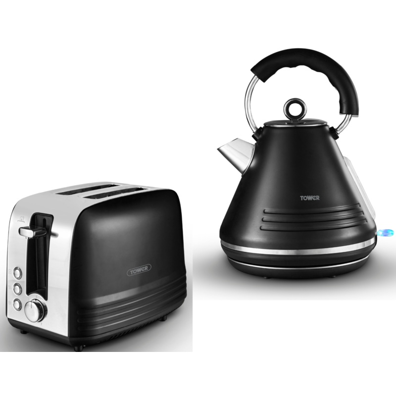 Tower Ash Black 1.7L 3KW Pyramid Kettle & 2 Slice Toaster Contemporary Set with Chrome Accents