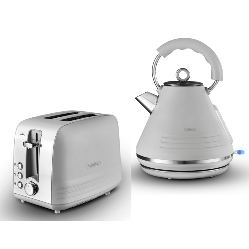 Tower Ash Grey 1.7L 3KW Pyramid Kettle & 2 Slice Toaster Contemporary Set