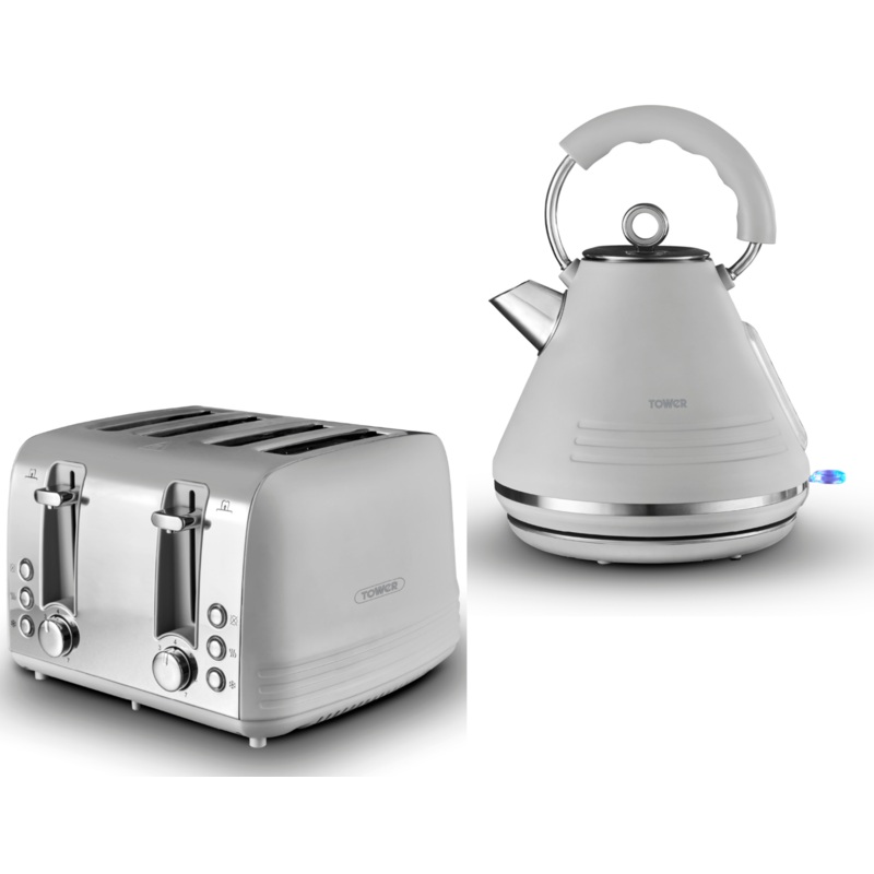 Tower Ash Grey & Chrome 1.7L 3KW Pyramid Kettle & 4 Slice Toaster Contemporary Set