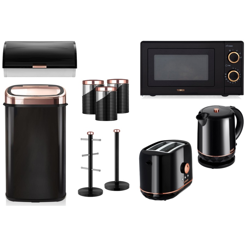 Tower Black & Rose Gold Kettle, 2 Slice Toaster, 700W Manual Microwave,  Bread Bin, Canisters, Mug Tree, Towel Pole & 58L Kitchen Bin