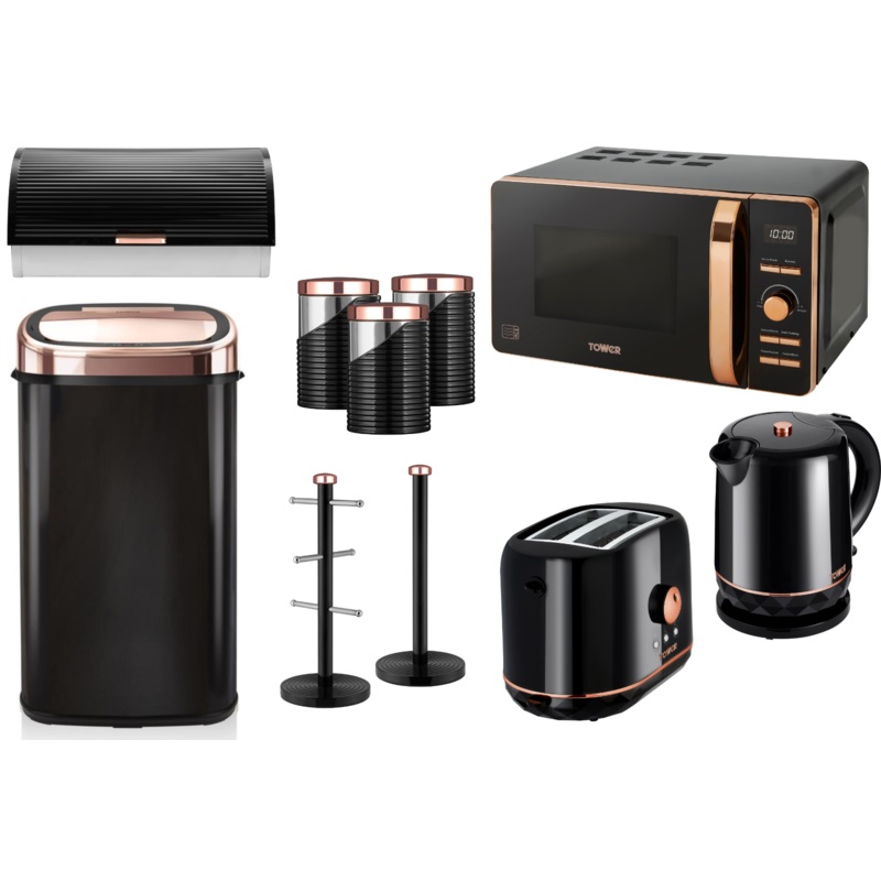 Tower Black & Rose Gold Kettle, Toaster, 800W Digital Microwave, 58L Sensor Bin & Kitchen Storage Set of 10