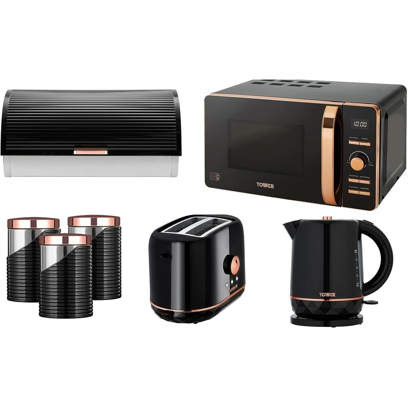 Tower Black/Rose Gold Kettle Toaster Digital Microwave Bread Bin & Canisters Set