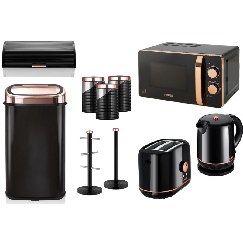 Tower Black/Rose Gold  Set of 10 - Kettle Toaster Manual 800W Microwave Kitchen Bin & Storage