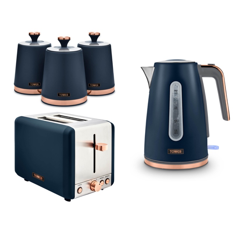 Tower Cavaletto 1.7L 3KW Jug Kettle, 2 Slice Toaster & Canisters Matching Set in Midnight Blue & Rose Gold