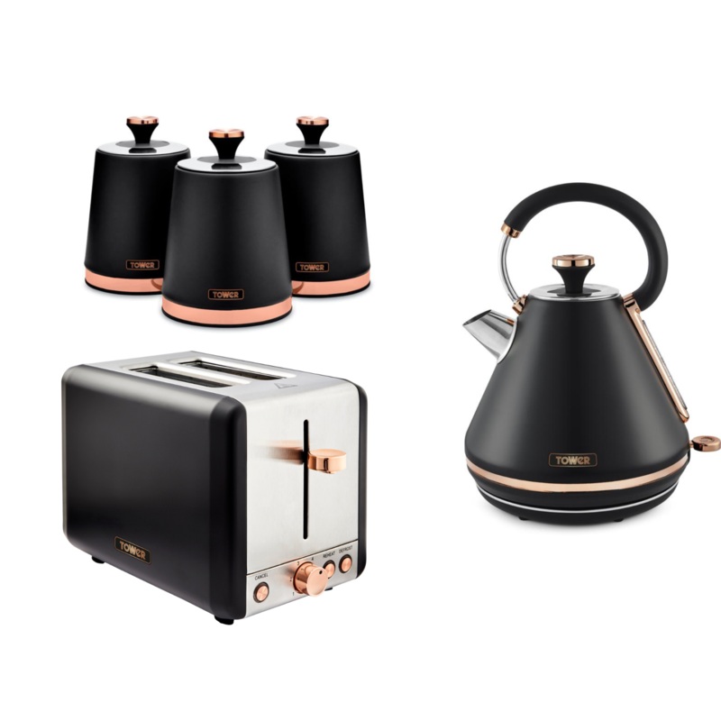 Tower Cavaletto Black 1.7L 3KW Pyramid Kettle, 2 Slice Toaster & Tea, Coffee, Sugar Canisters Kitchen Set