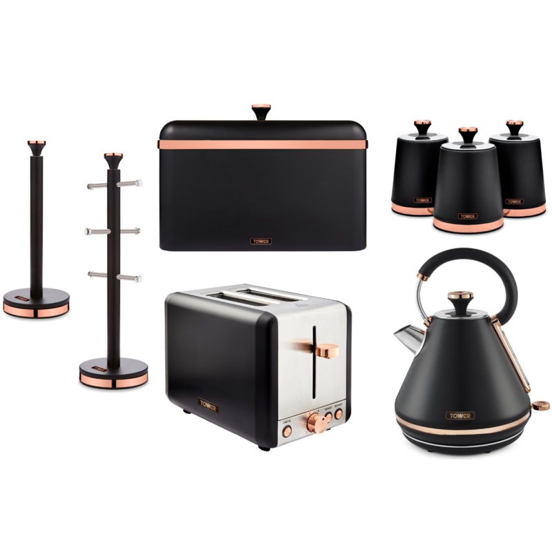 Tower Cavaletto Black Pyramid Kettle, 2 Slice Toaster & Kitchen Accessories/Storage Set of 8
