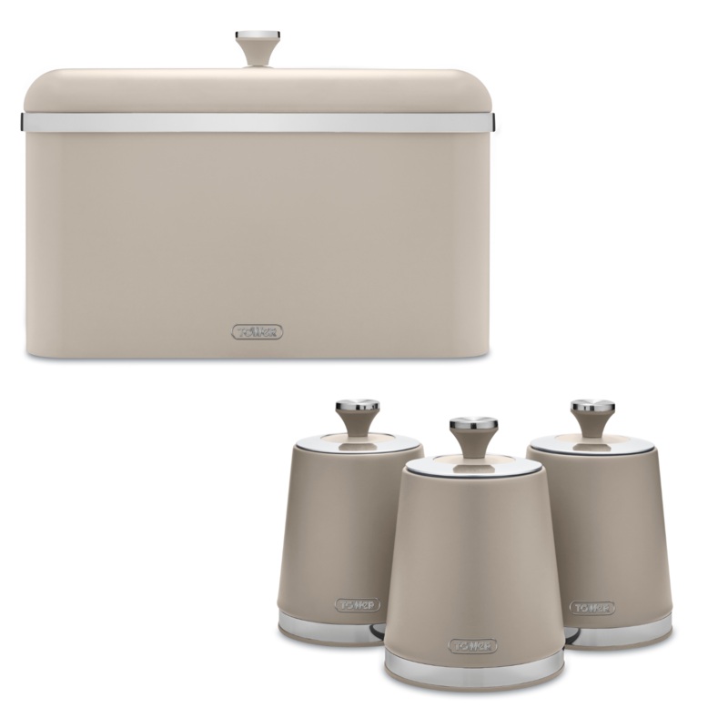 Tower Cavaletto Bread Bin Canisters Kitchen Storage Set Latte & Chrome Accents
