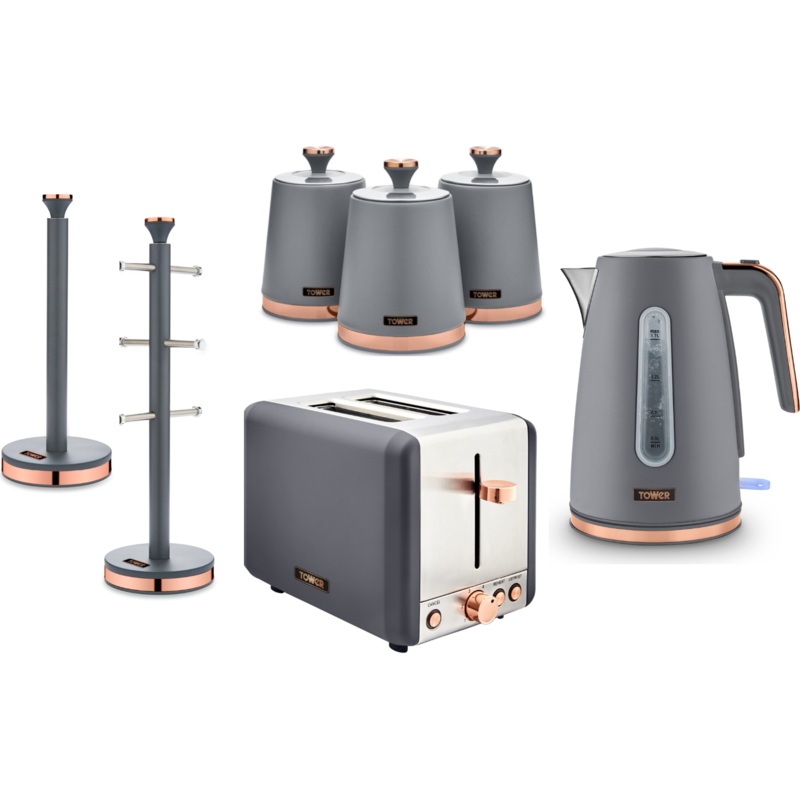 Tower Cavaletto Grey Jug Kettle, 2 Slice Toaster, Canisters, Mug Tree & Towel Pole Set