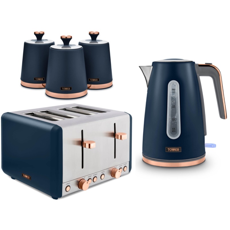 Tower Cavaletto Jug Kettle, 4 Slice Toaster & Canisters Set in Midnight Blue/Rose Gold