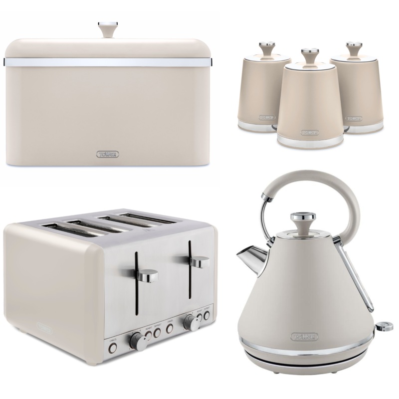 Tower Cavaletto Pyramid Kettle, 4 Slice Toaster, Bread Bin & Canisters Matching Set in Latte with Chrome Accents