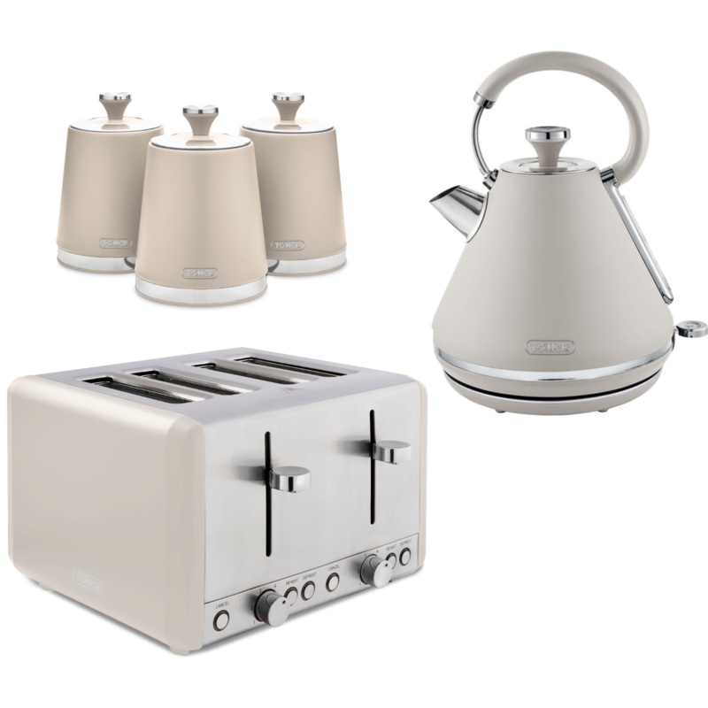 Tower Cavaletto Pyramid Kettle, 4 Slice Toaster & Canisters Matching Set in Latte with Chrome Accents