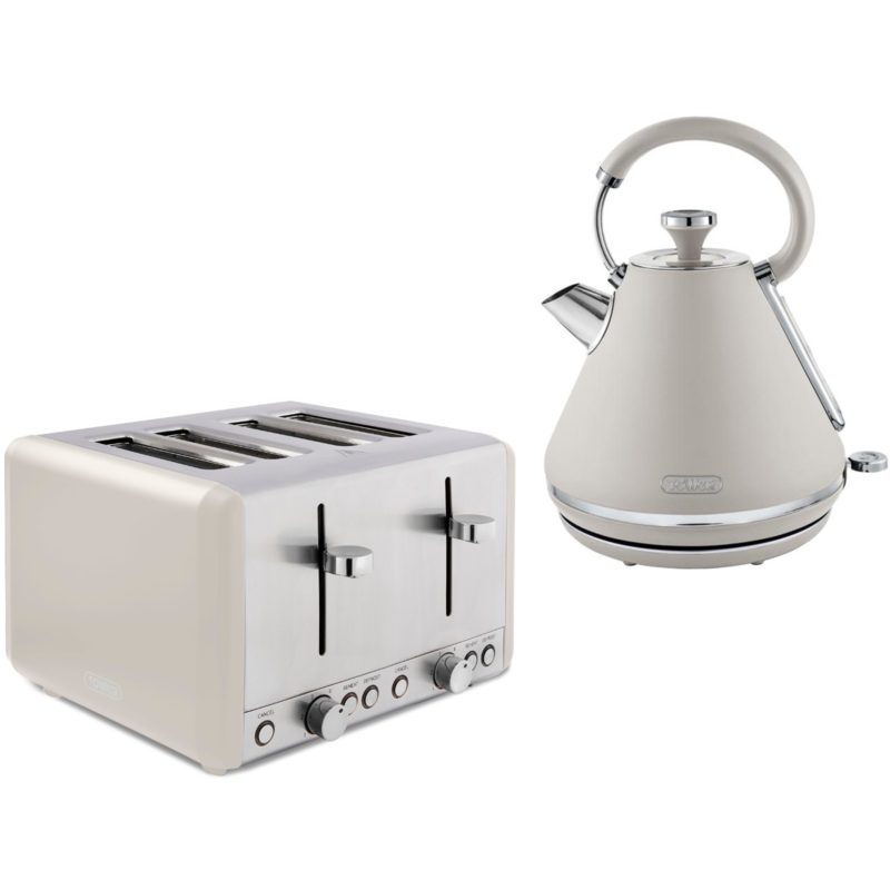 Tower Cavaletto Pyramid Kettle & 4 Slice Toaster Latte with Chrome Accents