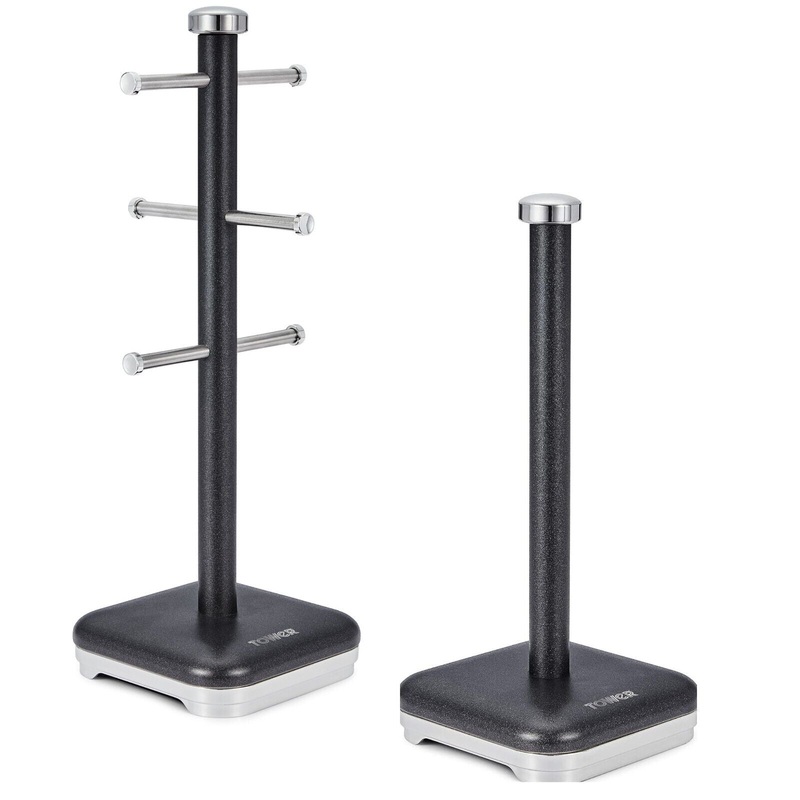 Tower GLITZ Noir Mug Tree & Kitchen Roll Holder Storage Set in Sparkling Black
