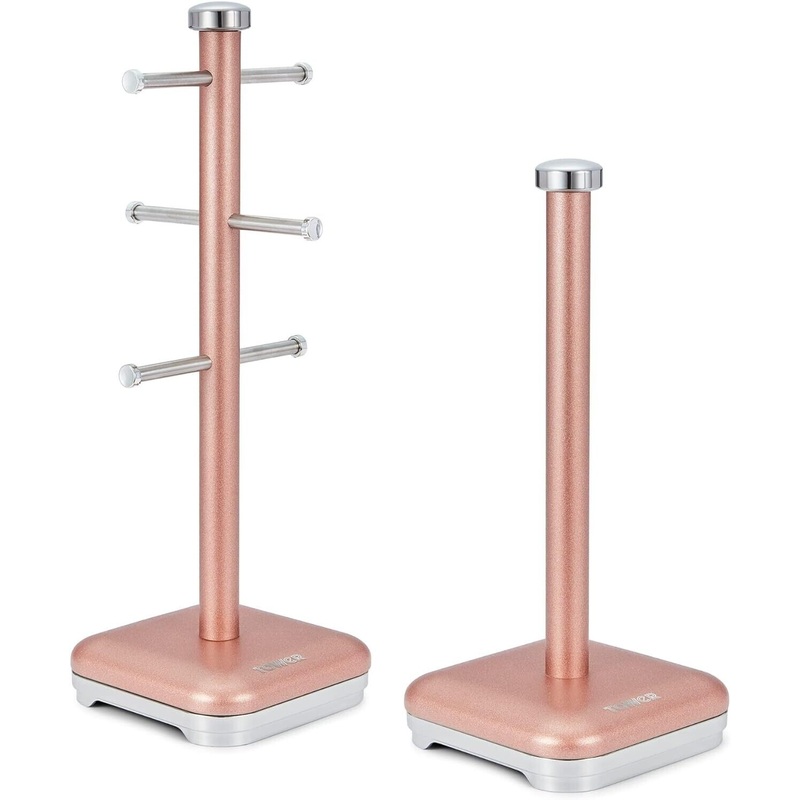 Tower GLITZ Pink Mug Tree & Kitchen Roll Holder Storage Set in Shimmering Pink