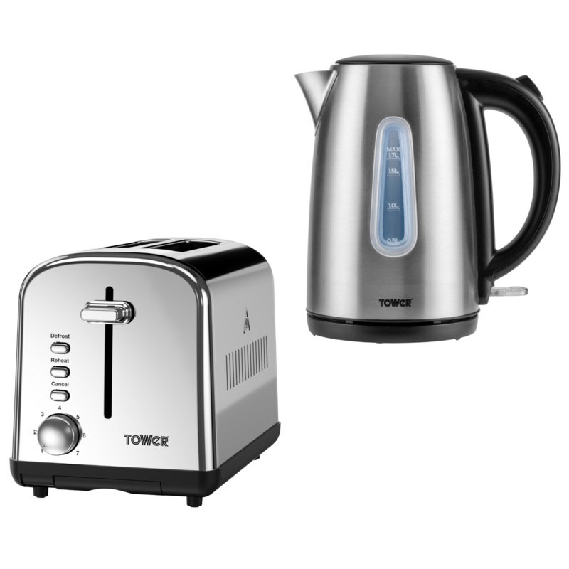 Tower Infinity Brushed Steel 3KW 1.7L Kettle & 2 Slice Toaster Matching Set