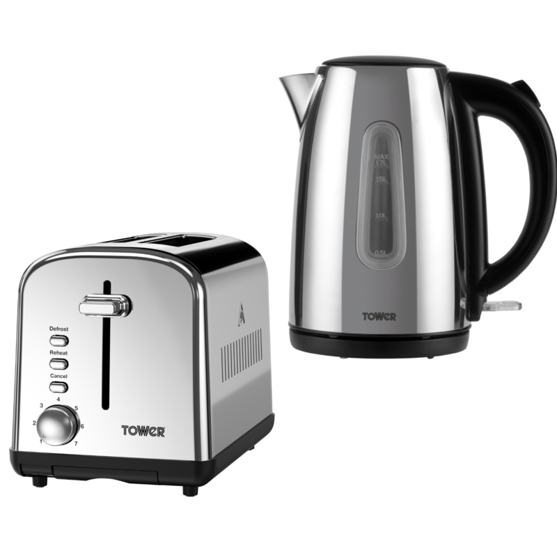 Tower Infinity Polished Steel 3KW 1.7L Kettle & 2 Slice Toaster Matching Set