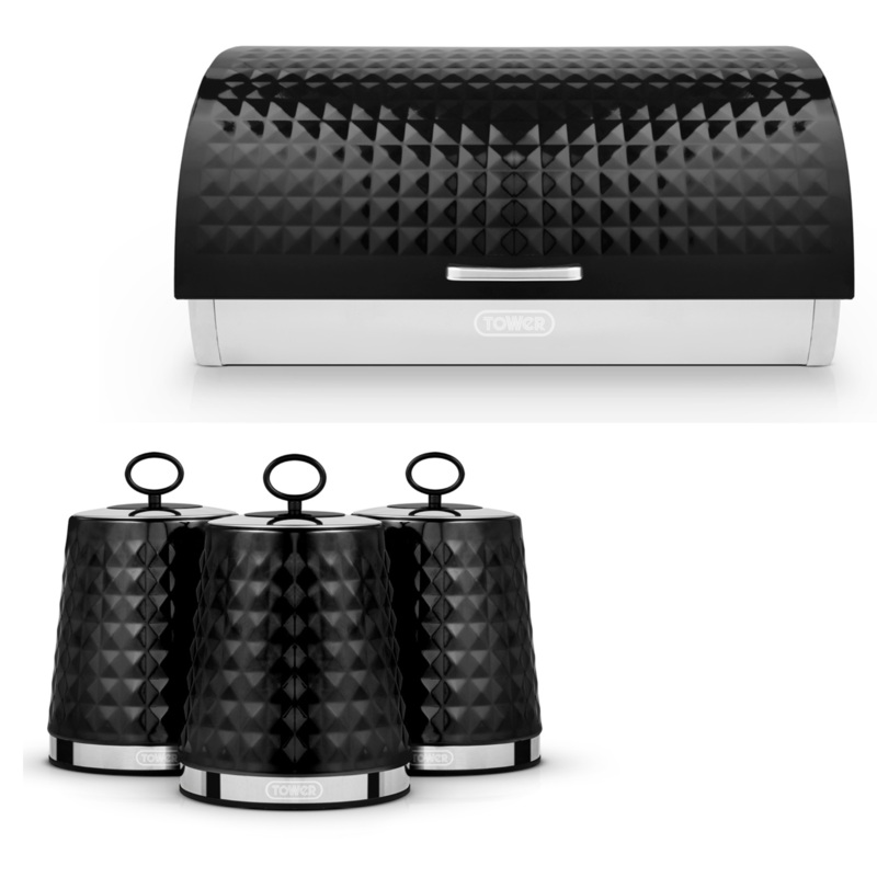 Tower Solitaire Black Bread Bin & Canisters Storage Set with Embossed Diamond Design