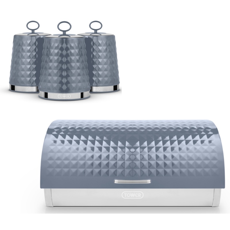 Tower Solitaire Grey Bread Bin Canisters Kitchen Storage Set with Embossed Diamond Design