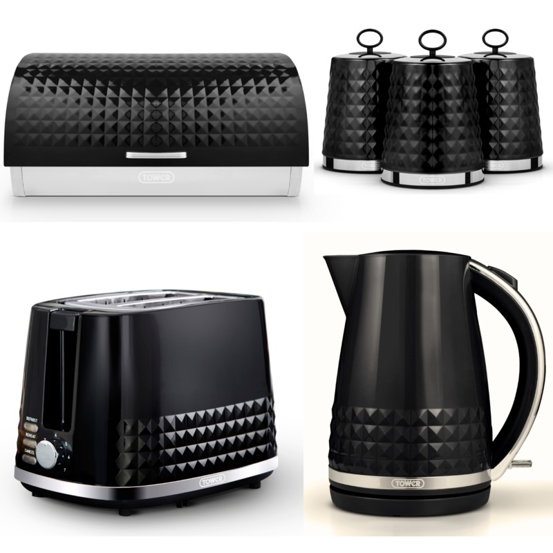 Tower Solitaire Jug Kettle, 2 Slice Toaster, Bread Bin & Canisters Set of 6 in Black & Chrome