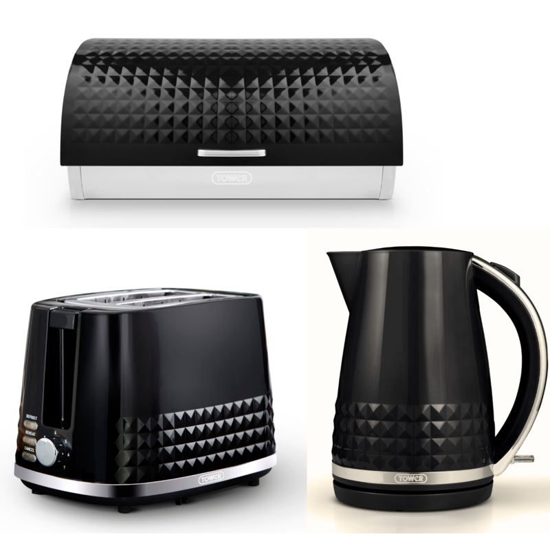 Tower Solitaire Jug Kettle, 2 Slice Toaster & Bread Bin in Black & Chrome Matching Set