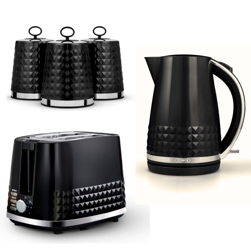 Tower Solitaire Jug Kettle, 2 Slice Toaster & Canisters Kitchen Set of 5 in Black & Chrome