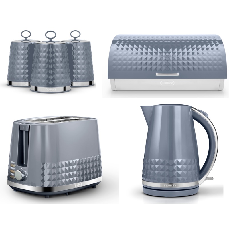 Tower Solitaire Kettle 2 Slice Toaster Bread Bin & Canisters Set Grey & Chrome
