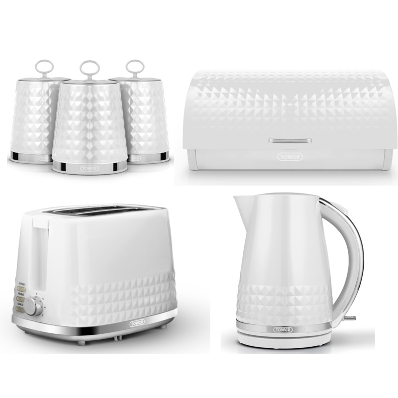 Tower Solitaire Kettle 2 Slice Toaster Bread Bin & Canisters Set White & Chrome