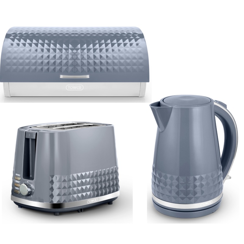 Tower Solitaire Kettle 2 Slice Toaster & Bread Bin Grey & Chrome Matching Set
