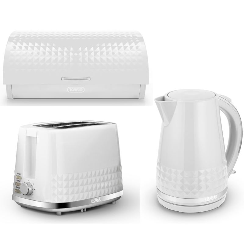 Tower Solitaire Kettle 2 Slice Toaster & Bread Bin White & Chrome Matching Set