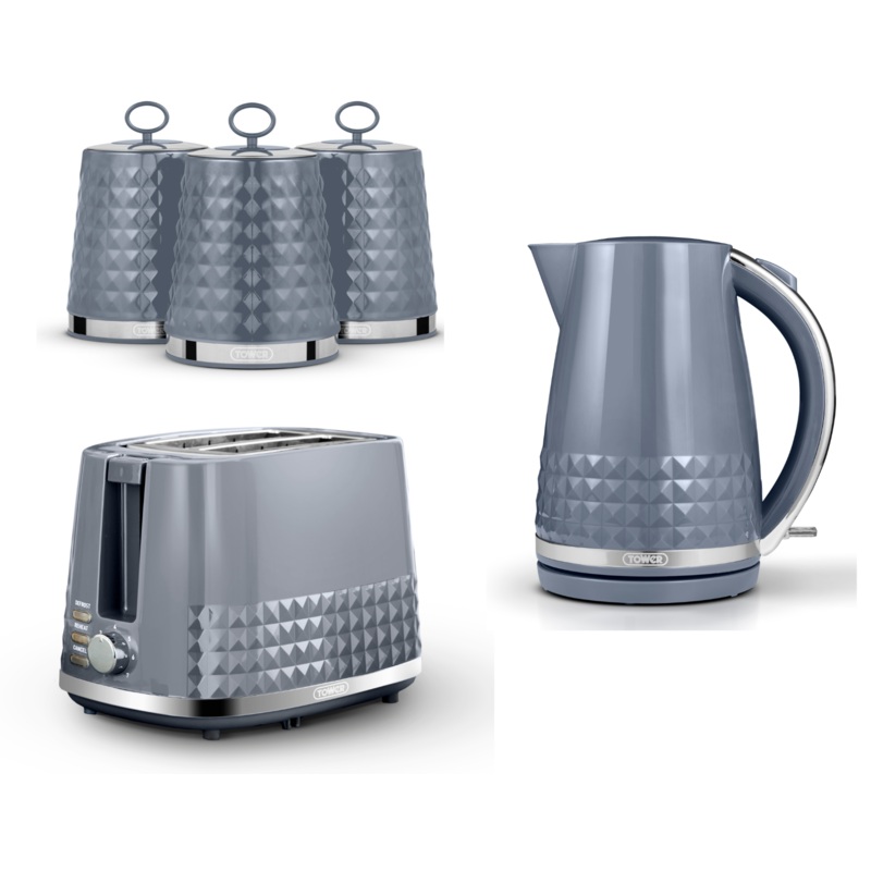 Tower Solitaire Kettle 2 Slice Toaster & Canisters Matching Set Grey & Chrome